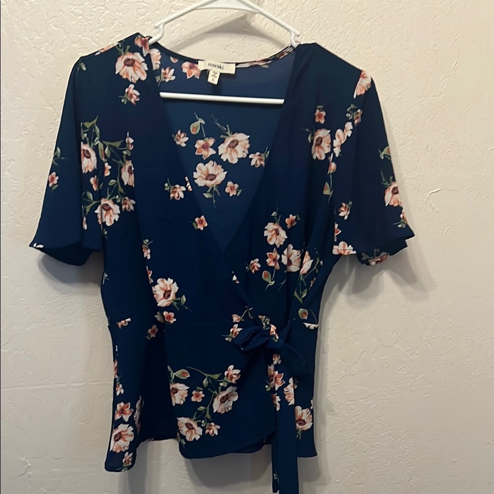 Meraki Blue Flutter Sleeve Wrap Blouse